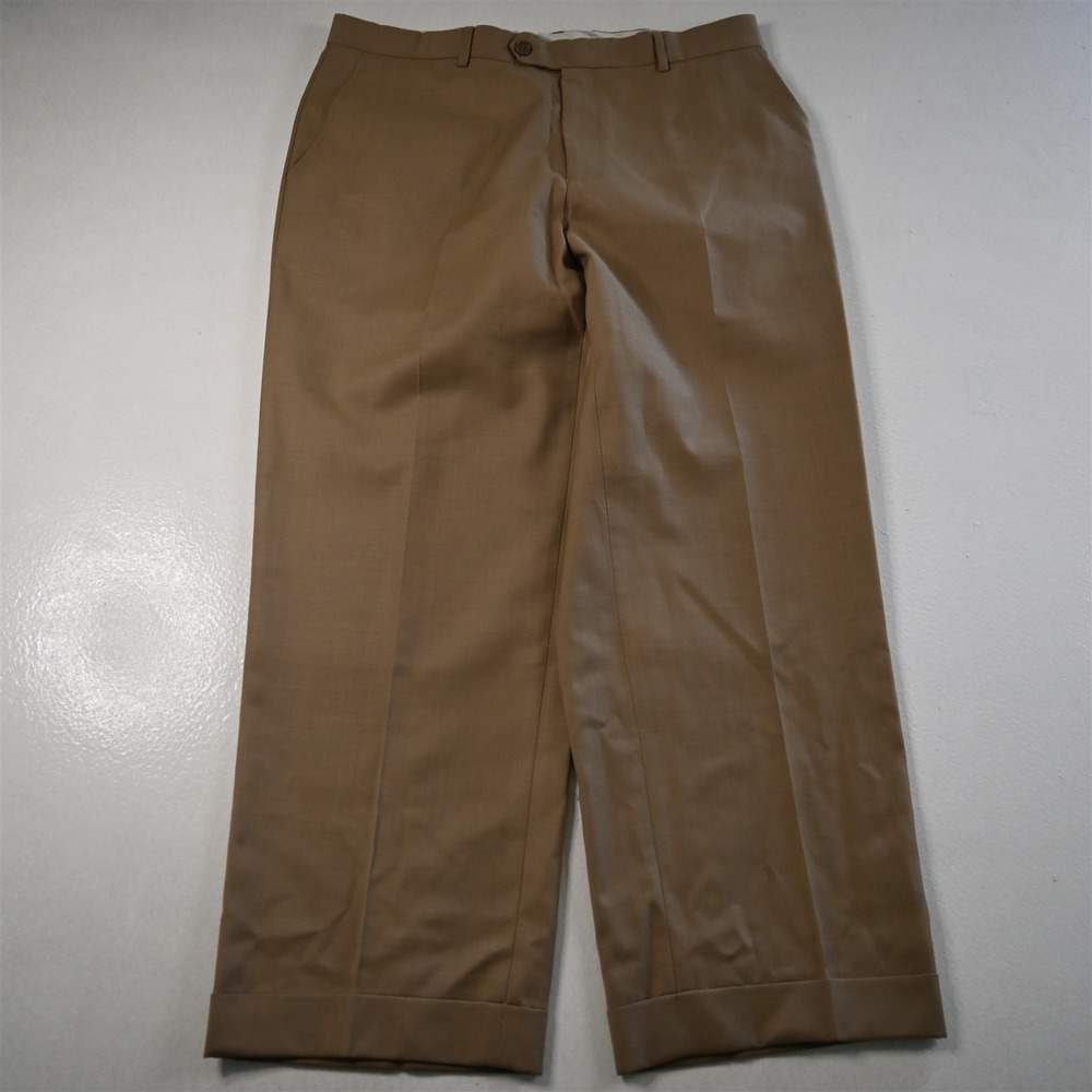 Mantoni 34x29 Khaki 100% Super 140s Wool Flat‎ Front Cuffed Mens Pants